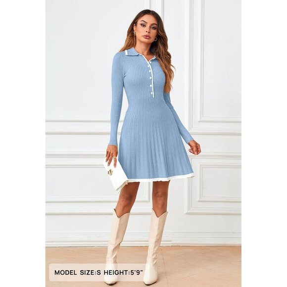 Merokeety Women's Blue Long Sleeve V Neck Button Knit Pleated Sweater Dress - Picture 3 of 7